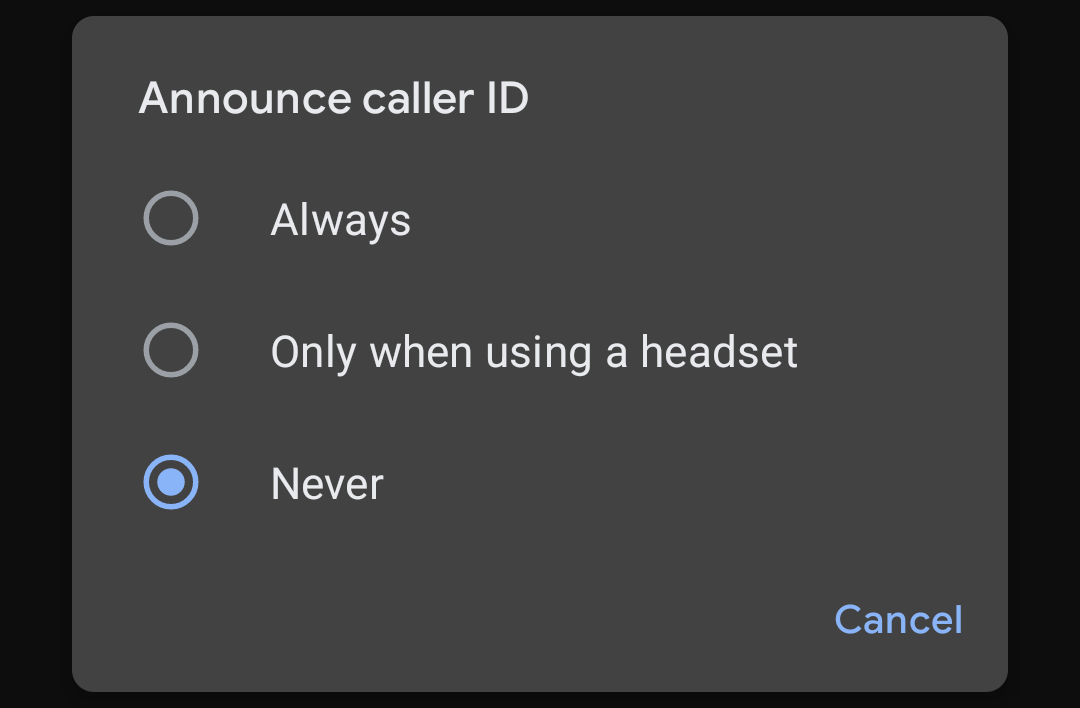 Screenshot of the new Google Phone setting to announce caller