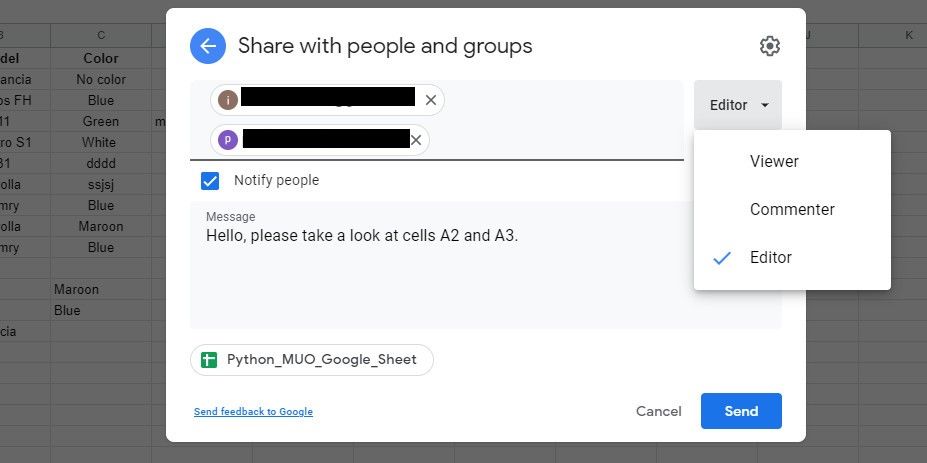 Google Sheets share and role selection menu
