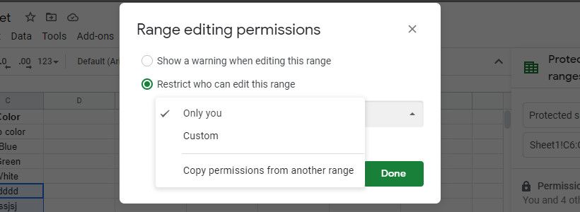 Google sheet set permission menu