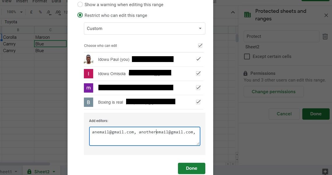 Google sheets permission settings menu