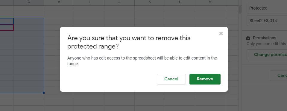 Google sheets remove protection popup