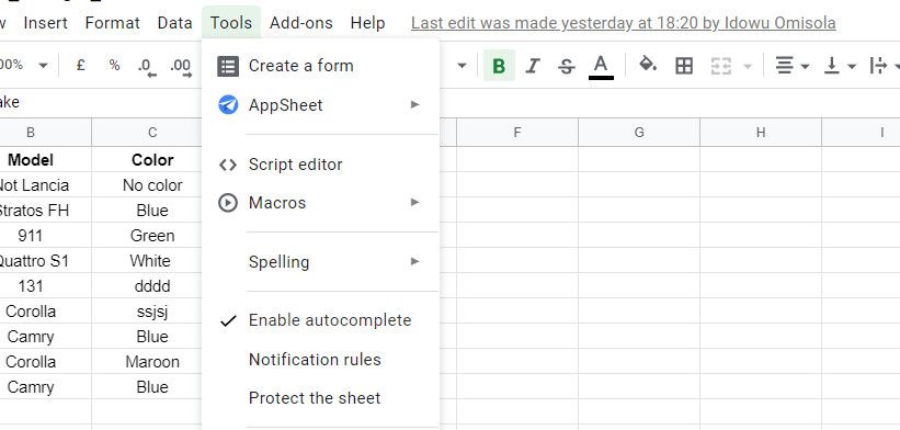 Google sheets ribbon with tools option