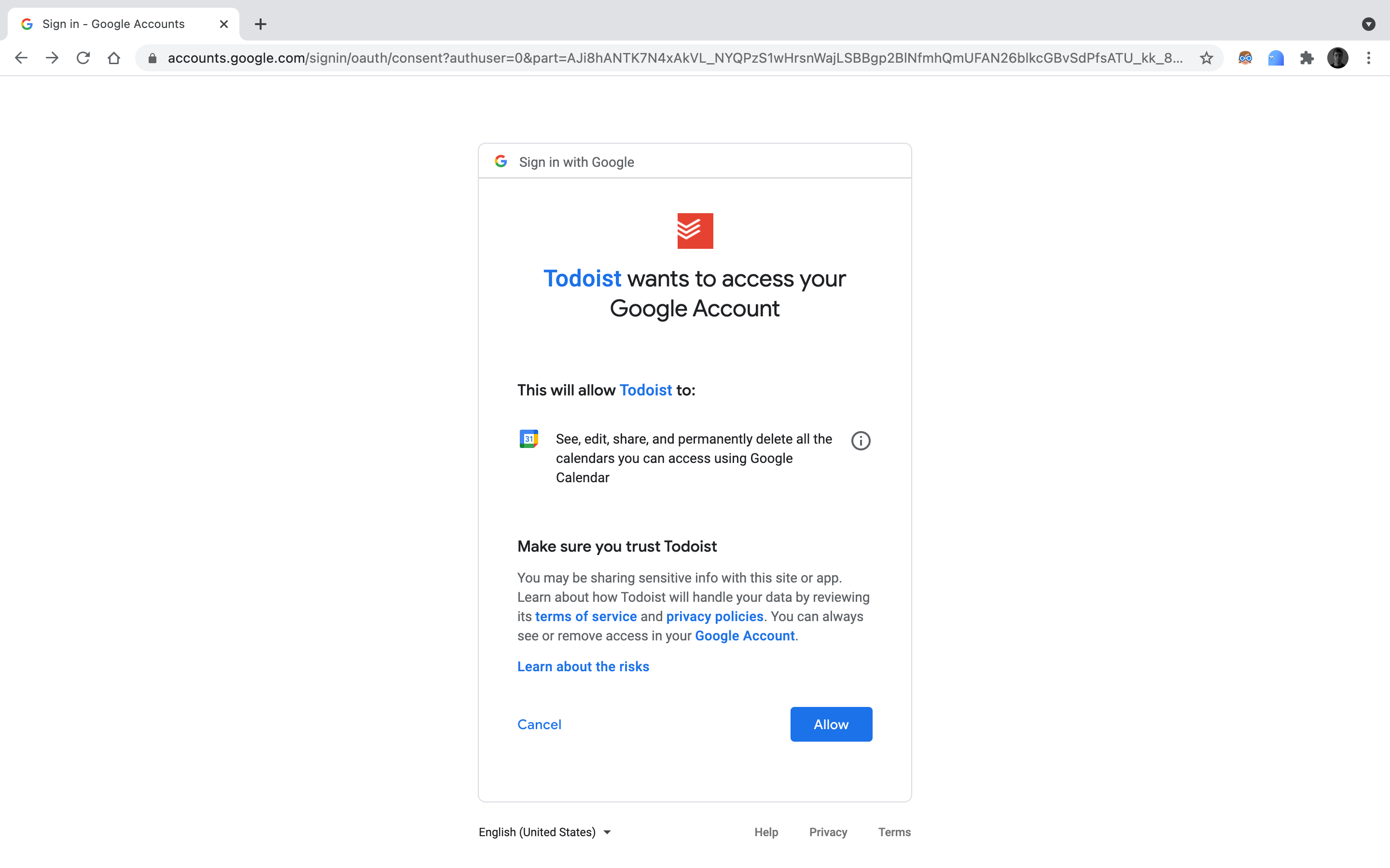 Webpage with option to to give Todoist access to Google