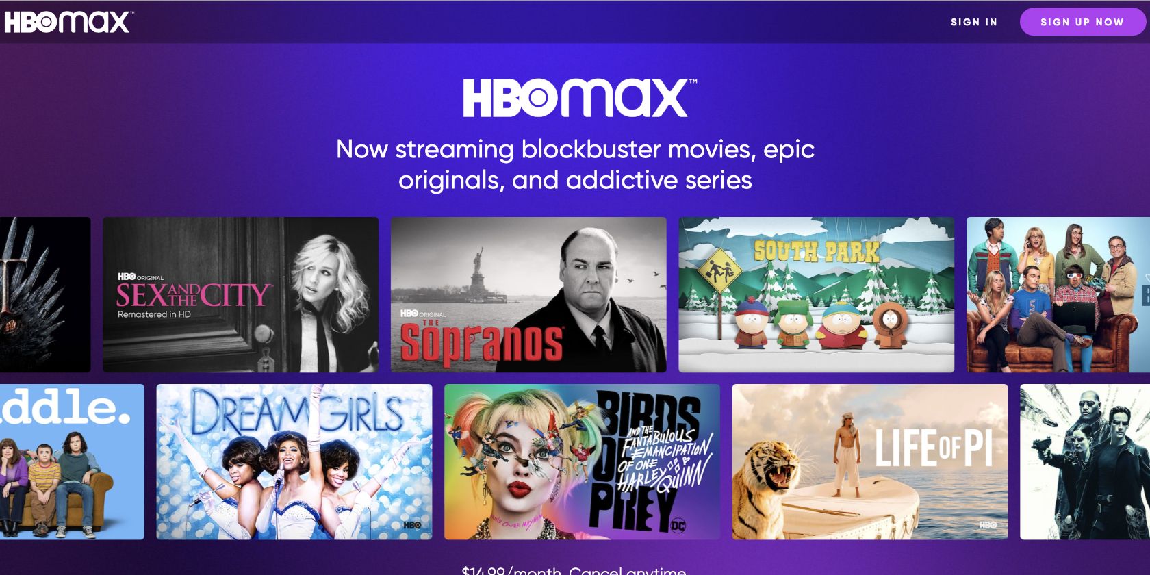 Screenshot of the HBO Max main webpage.
