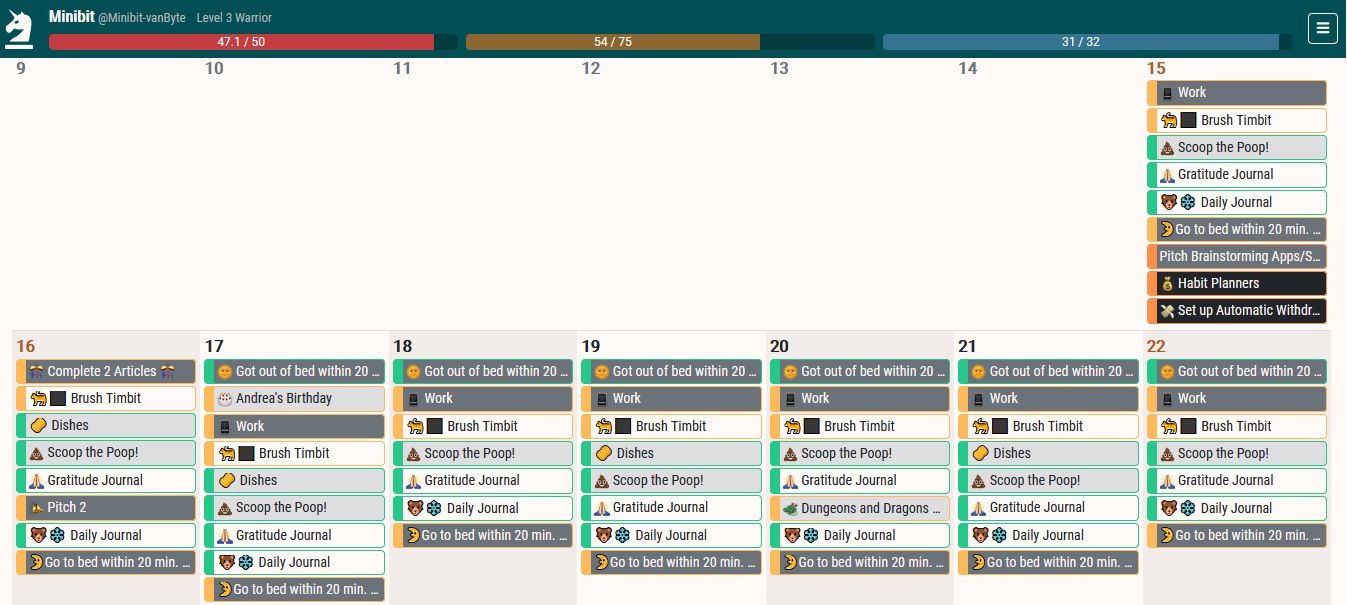 A calendar view of Habitica using the Strategica integration.