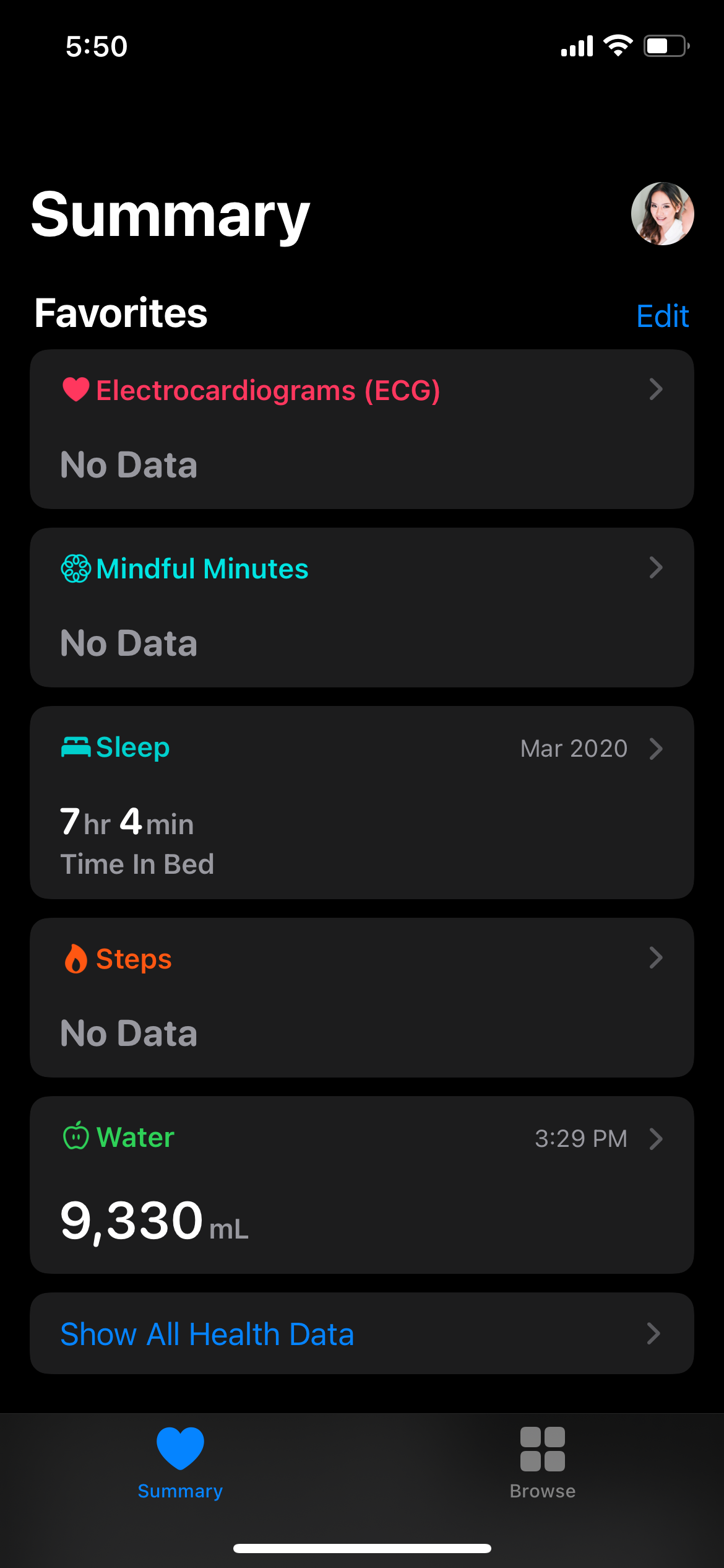Health App Summary with Water Data