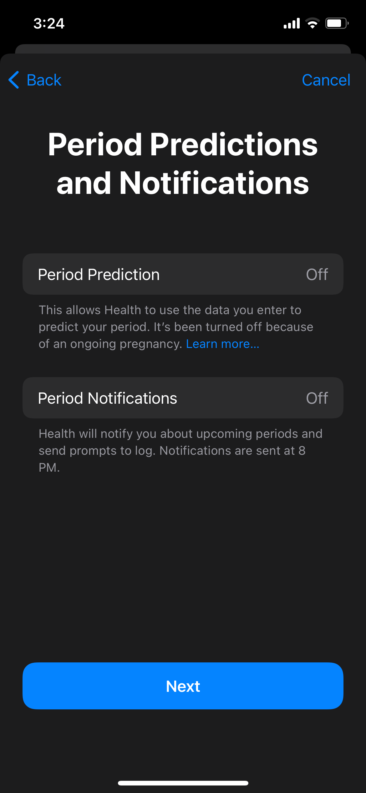 Health app Period Predictions and Notifications options