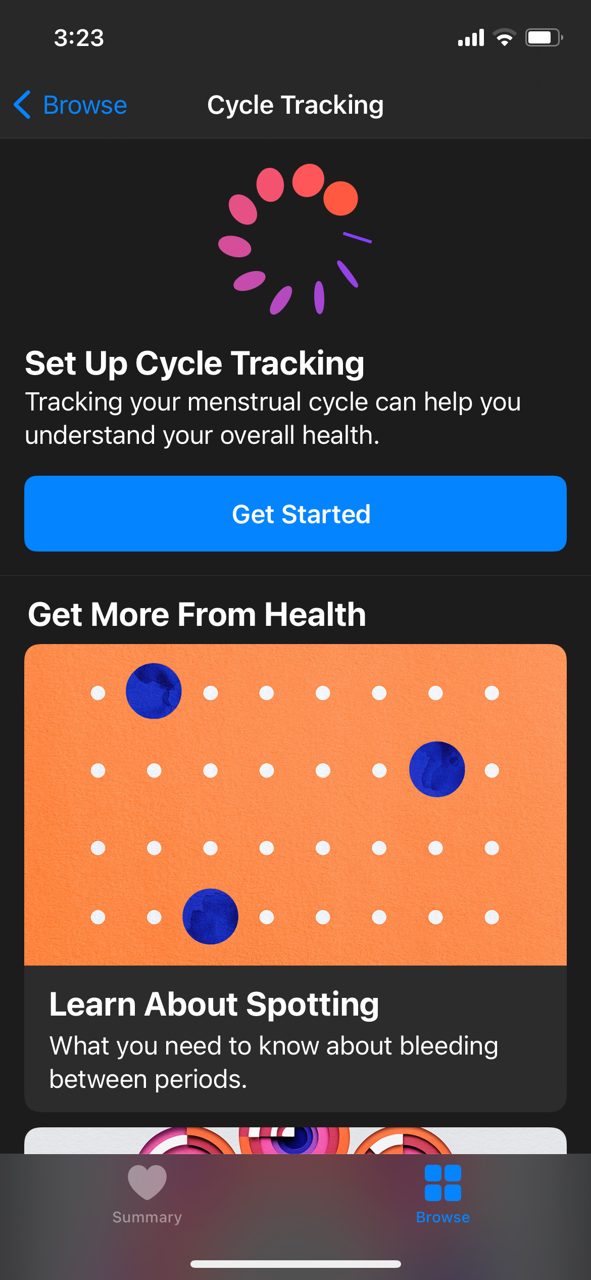 Health app set up Cycle Tracking option