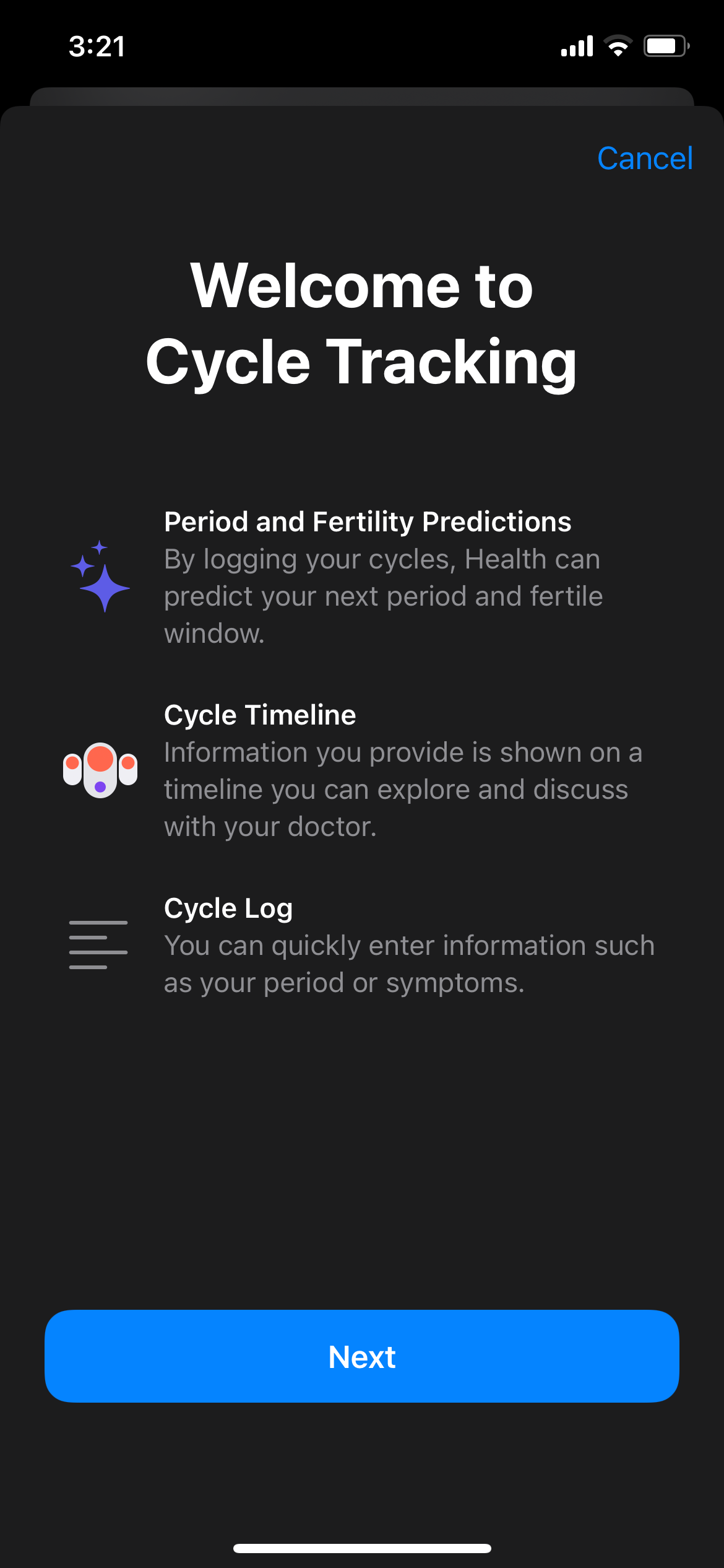 Health app Welcome to Cycle Tracking page