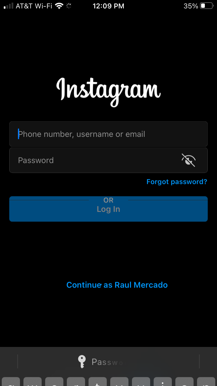 Login screen for Instagram app