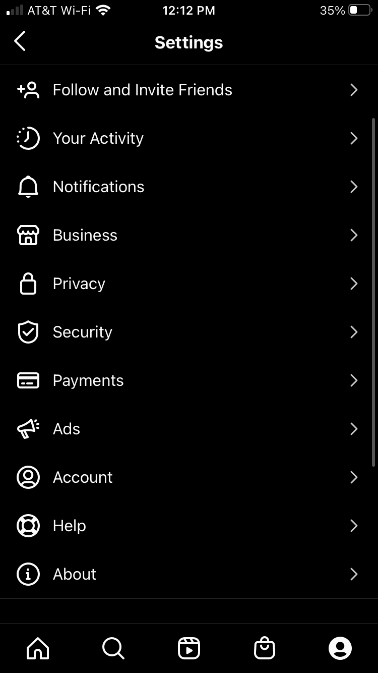 Instagram settings screen in app
