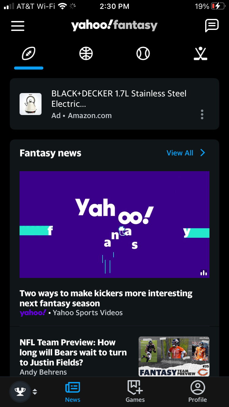 Yahoo fantasy football app dashboard