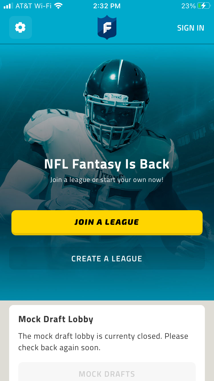 NFL fantasy football opening screen