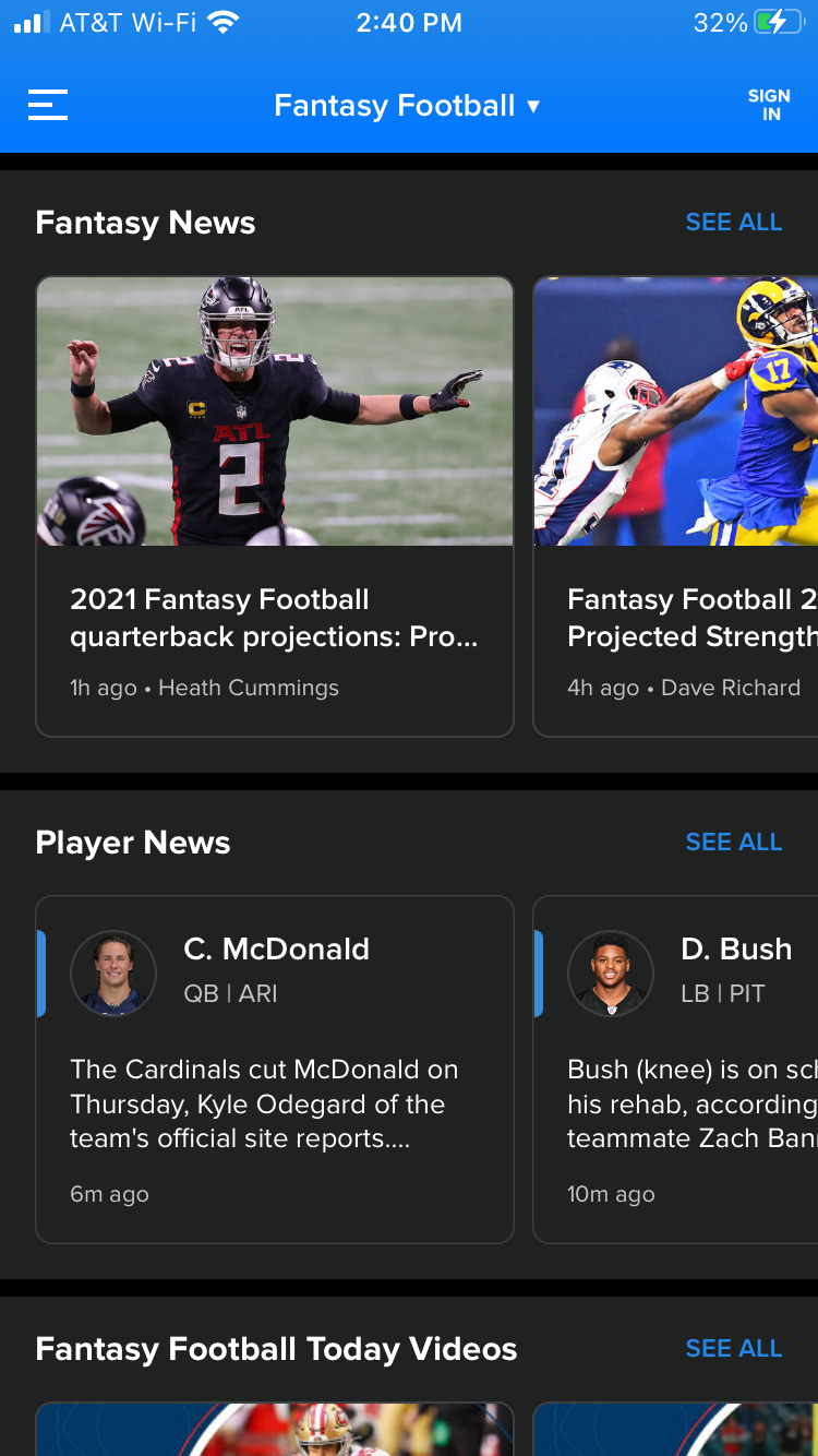 CBS Sports Fantasy app news page