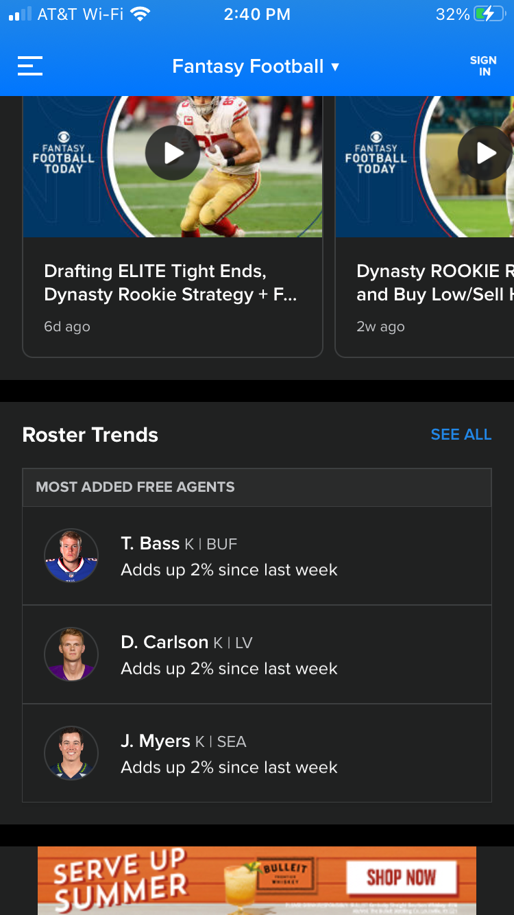 CBS fantasy football app dashboard