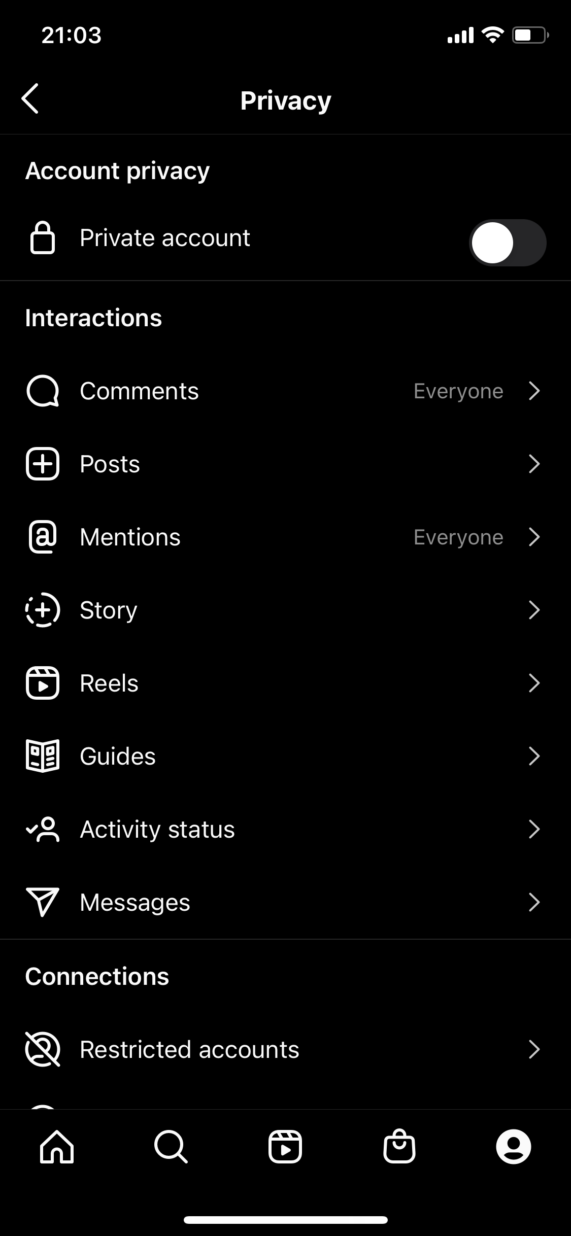 instagram settings menu