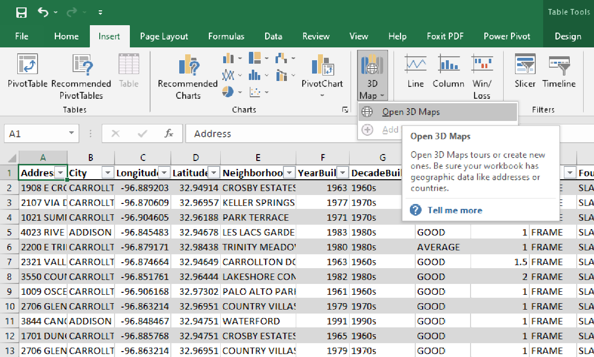 Add 3d maps from ribbon in excel