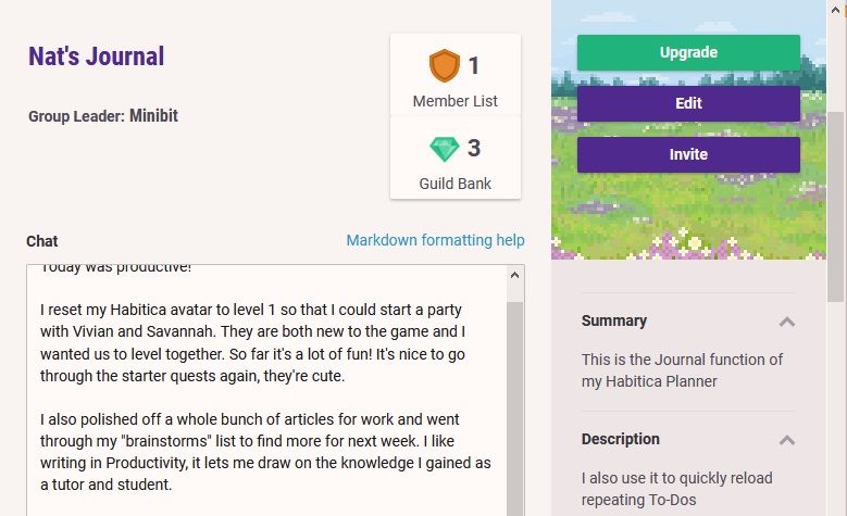An example of a journal entry in a Habitica Guild