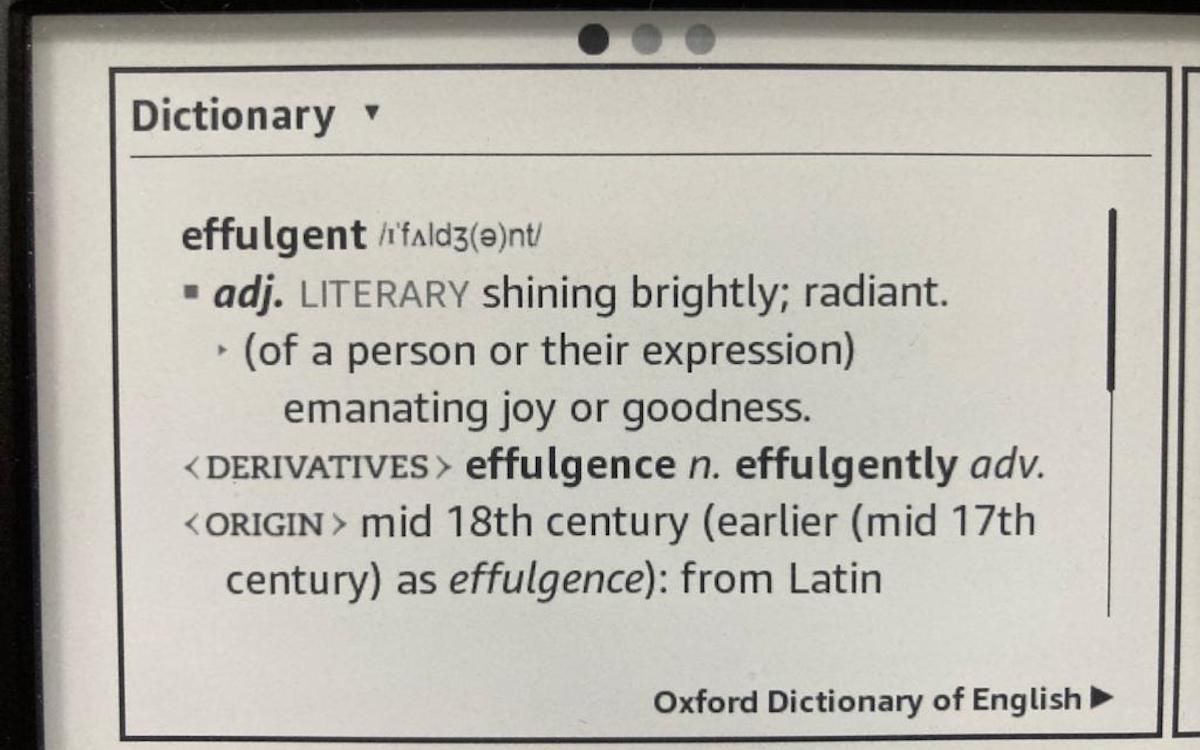 The dictionary definition of the word "effulgent" on Kindle.