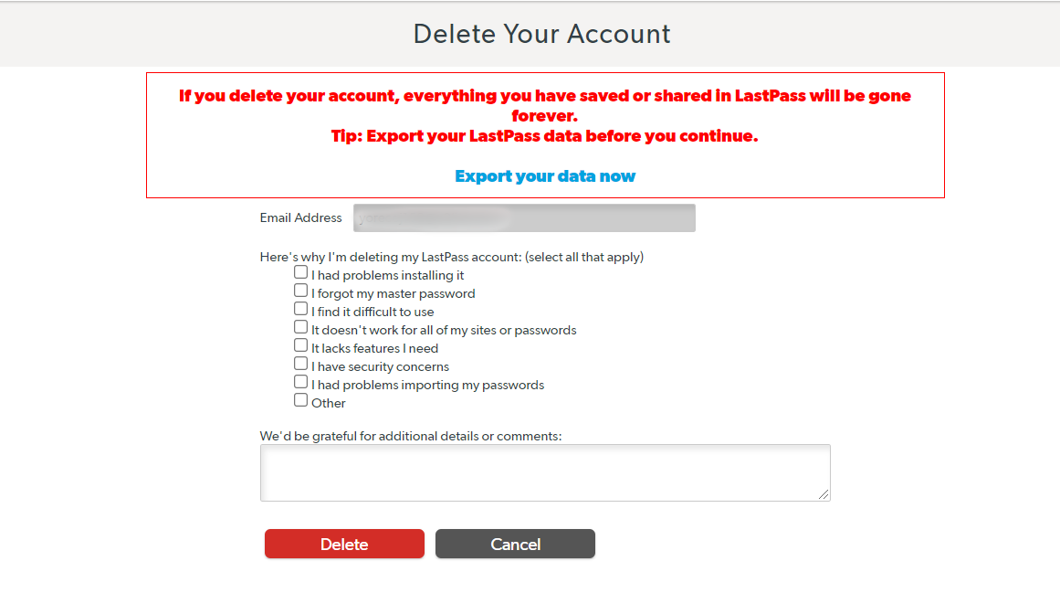 Deleting LastPass account without password