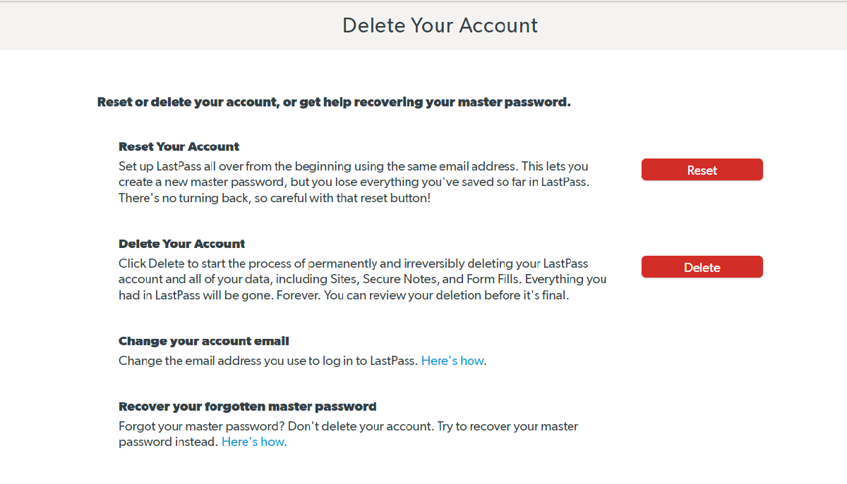 LastPass account deletion page