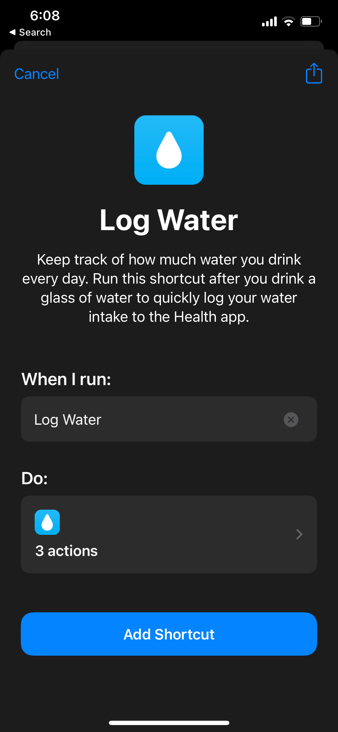 Log Water Add Shortcut