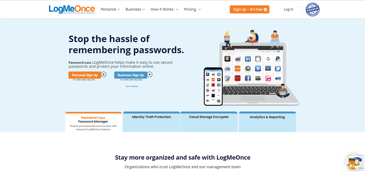 Screenshot of LogMeOnce homepage