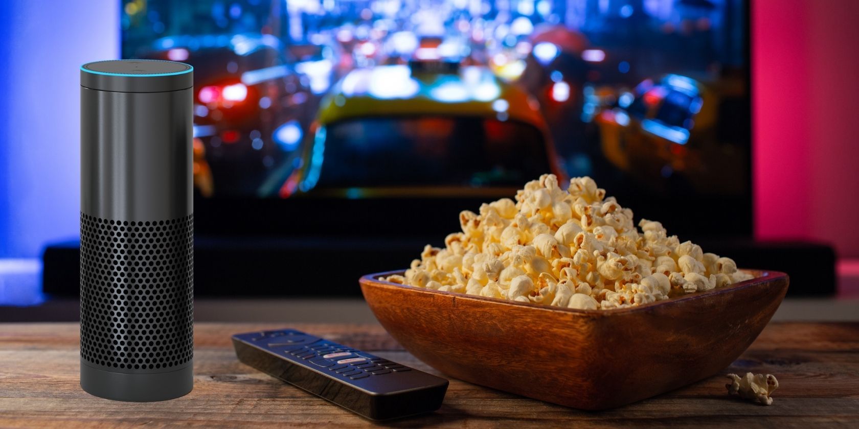 Popcorn and Tv with Amazon Alexa Echo device