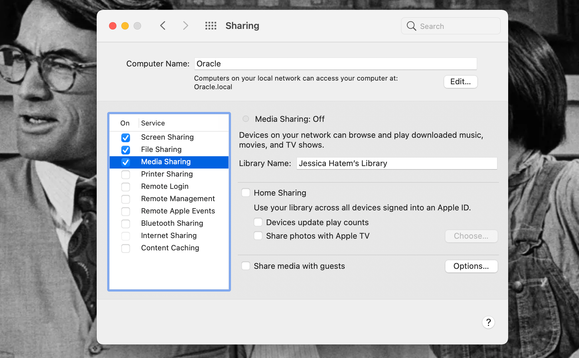 Media Sharing settings open in System Preferences on a MacBook Pro