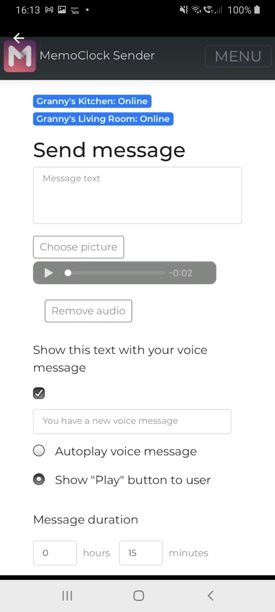 Memoclock app send message screenshot