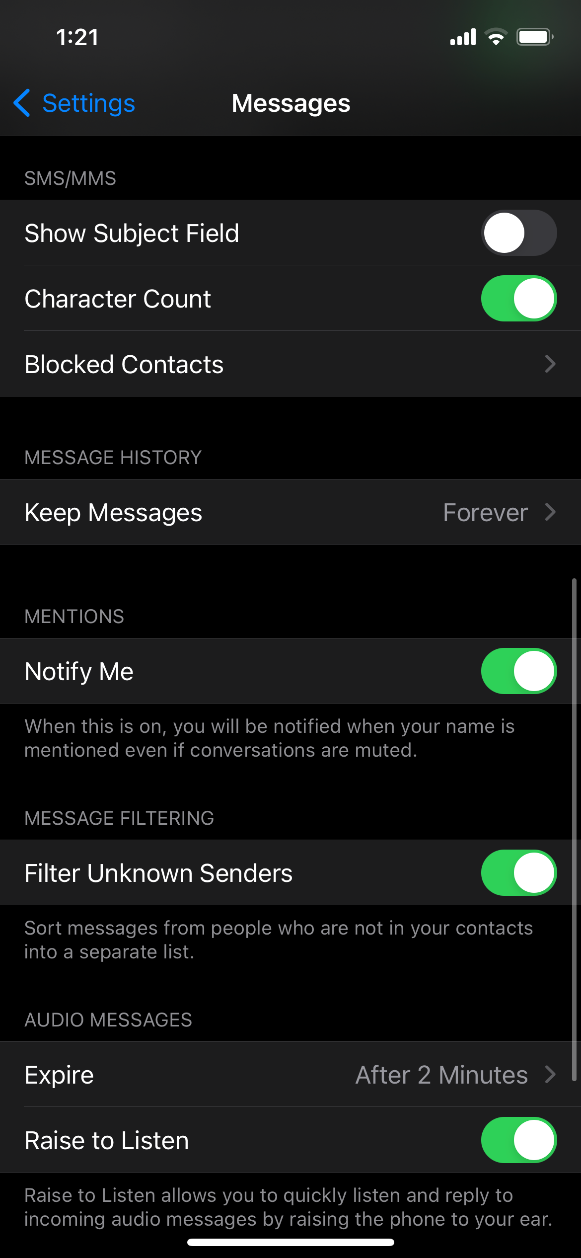 Message Settings Options