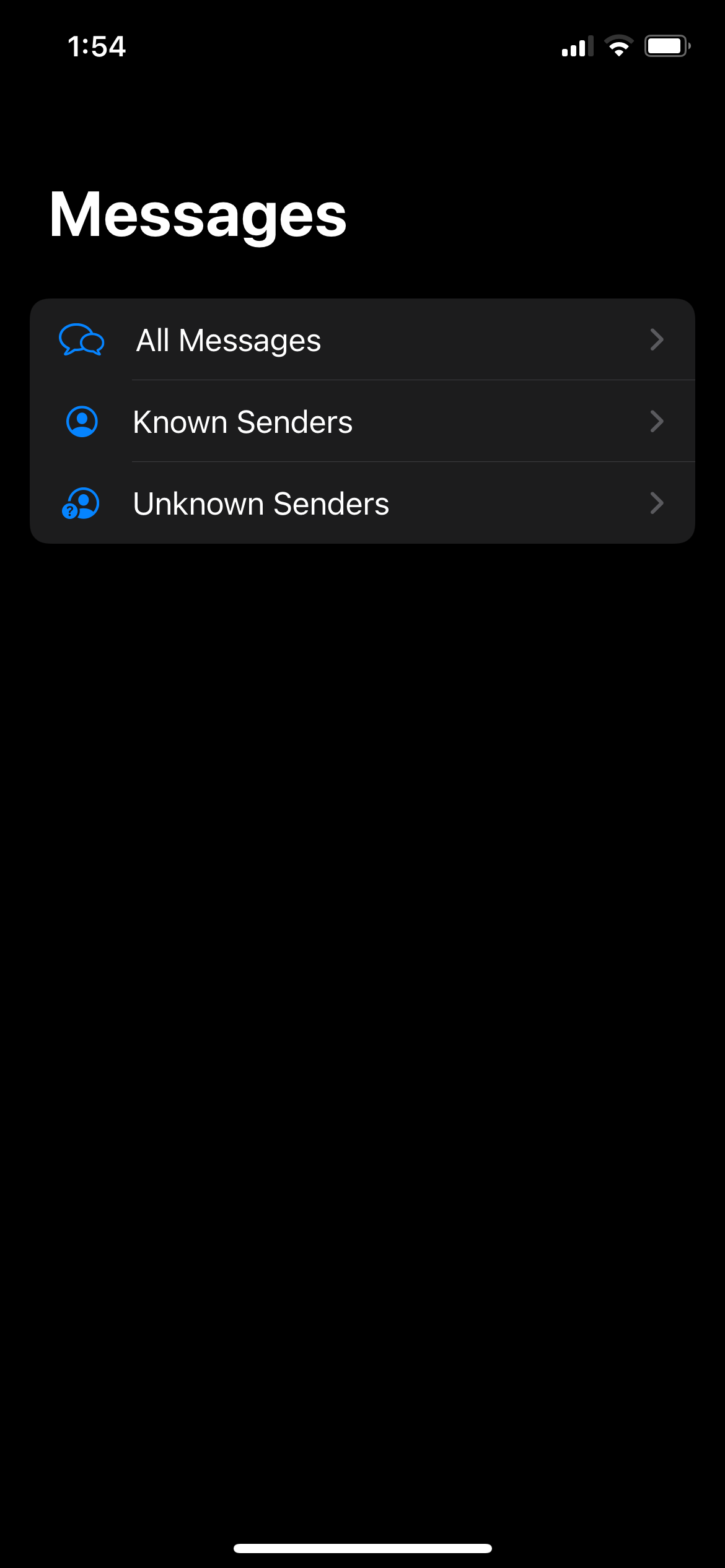 Messages Filter Options Showing All Messages, Known Senders, and Unknown Senders