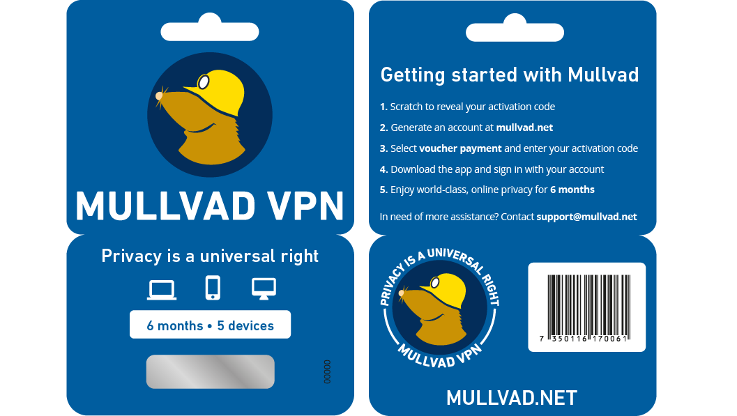 Images of the front and back of cards you can get to get started with Mullvad VPN