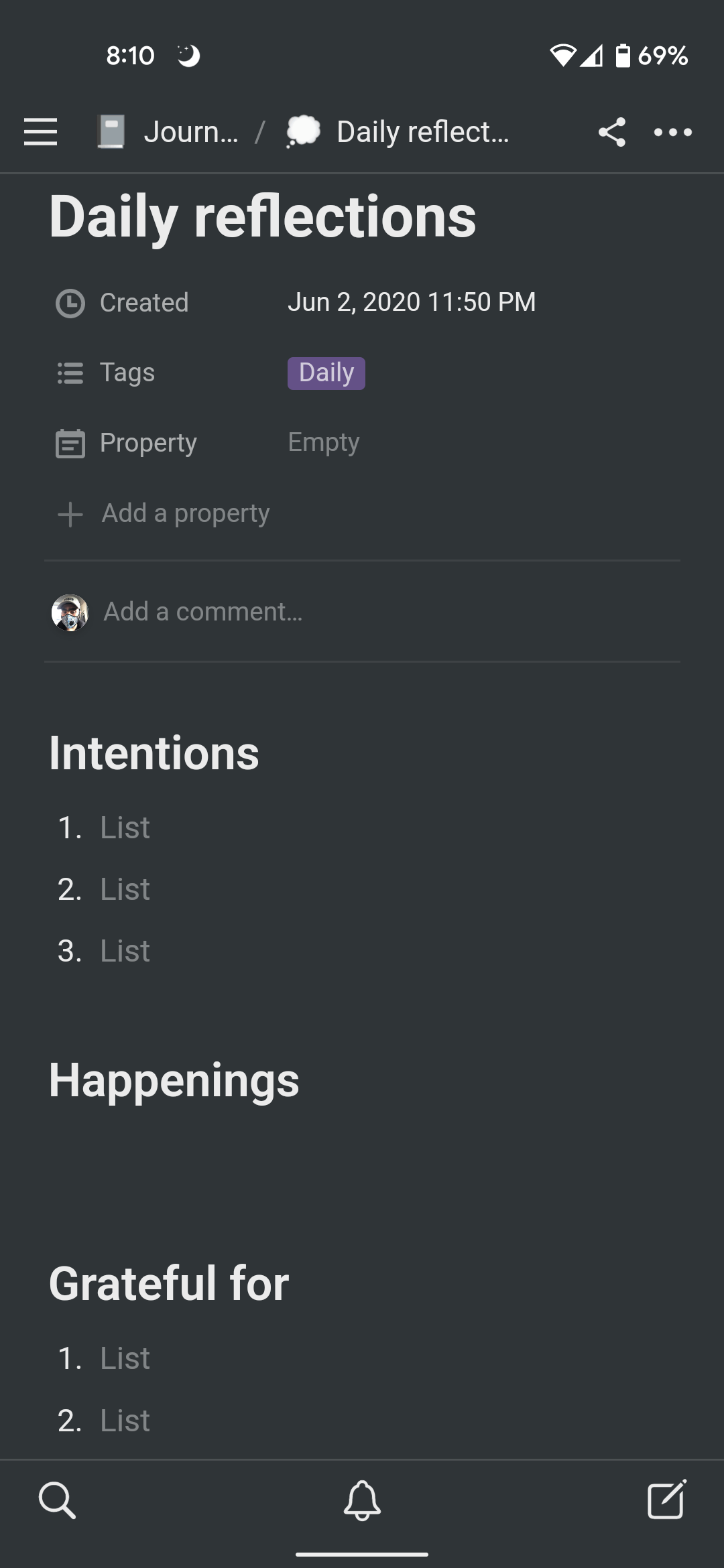 Journal template in the Notion app