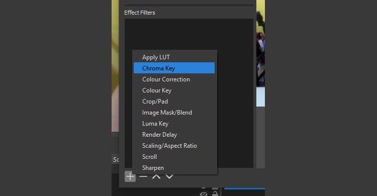 OBS Chroma Key option under the Filter menu