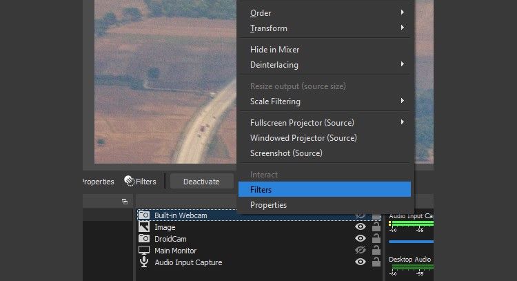 OBS filters menu