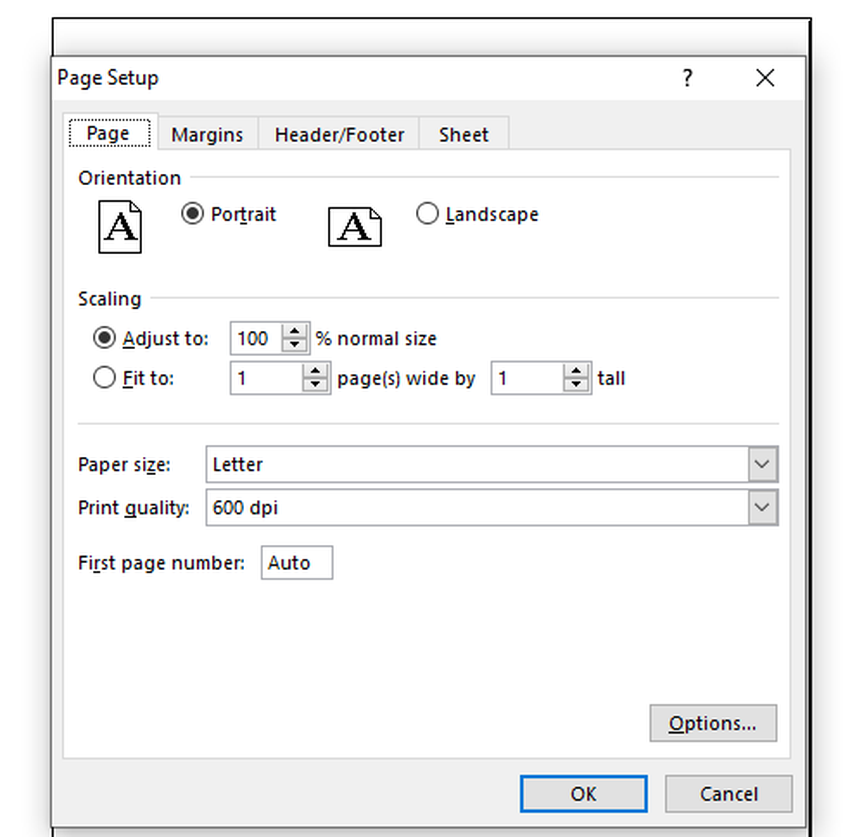 Page Setup Dialogue Box