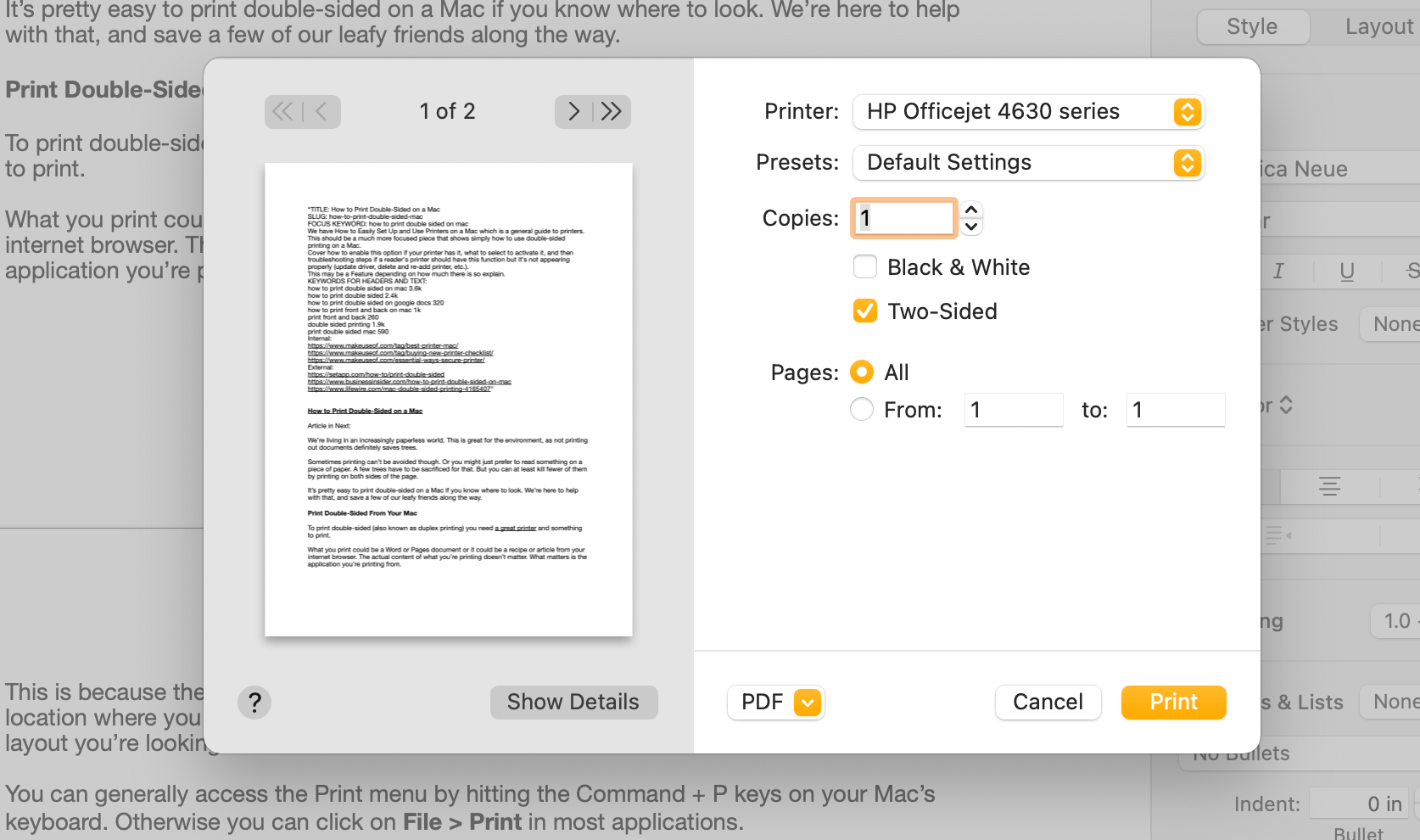 Pages and average print menu on Mac - Come stampare fronte-retro su un Mac