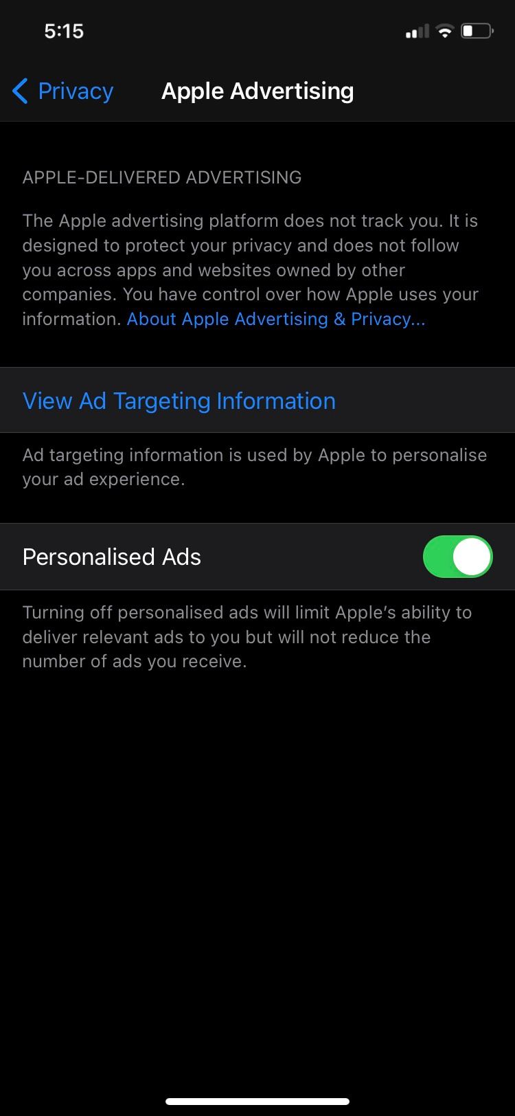 Apple Advertising settings on iPhone