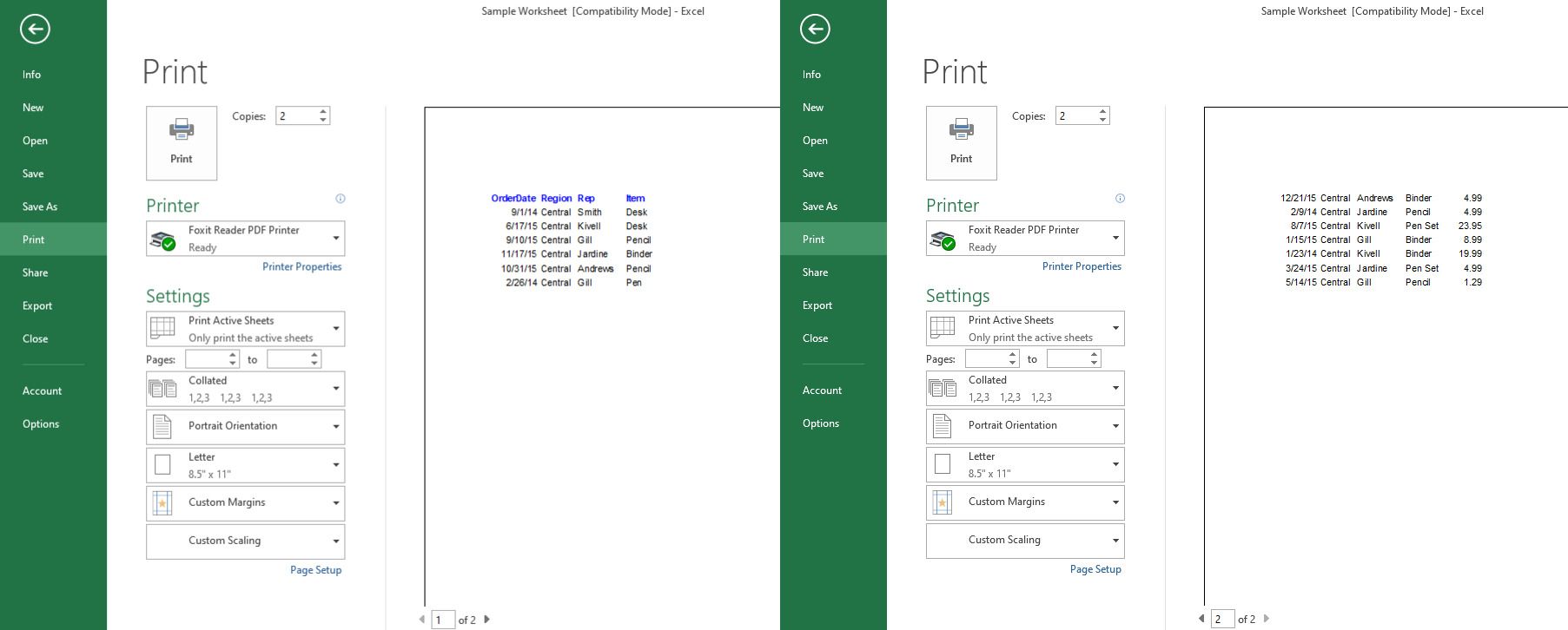 Previewing First and Second Print Area in File Menu - Stampa di un foglio di calcolo Excel: tutto ciò che devi sapere