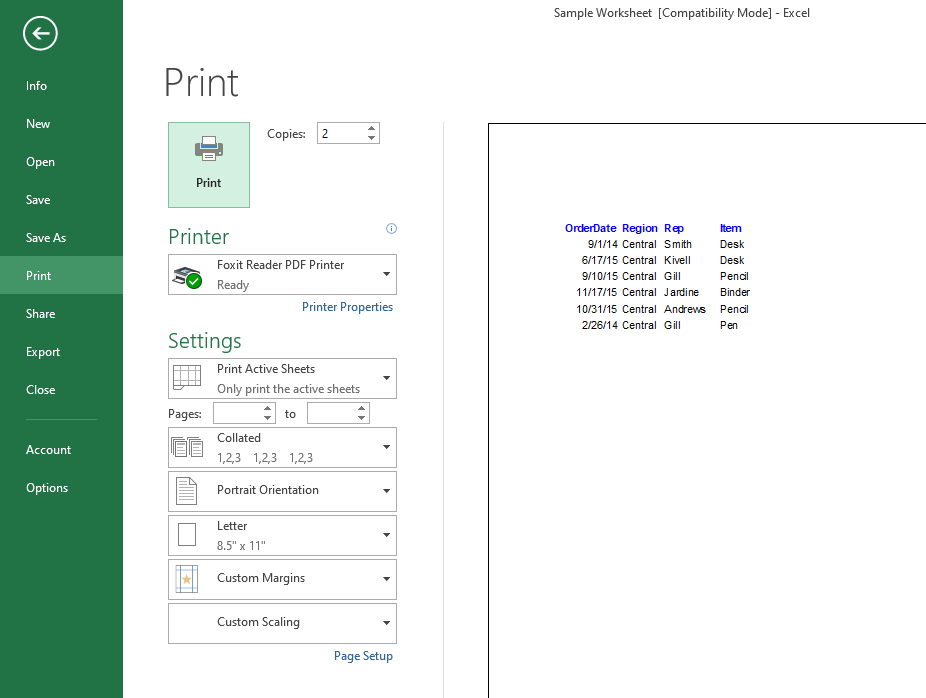 Previewing Selected Cells Print Area in File Menu