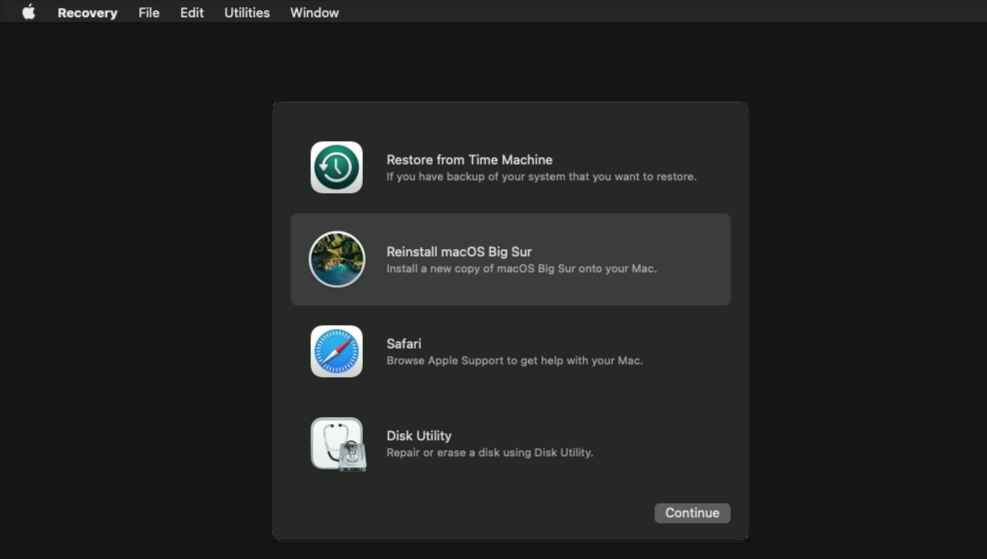 Screenshot of the option to reinstall macOS in recovery mode