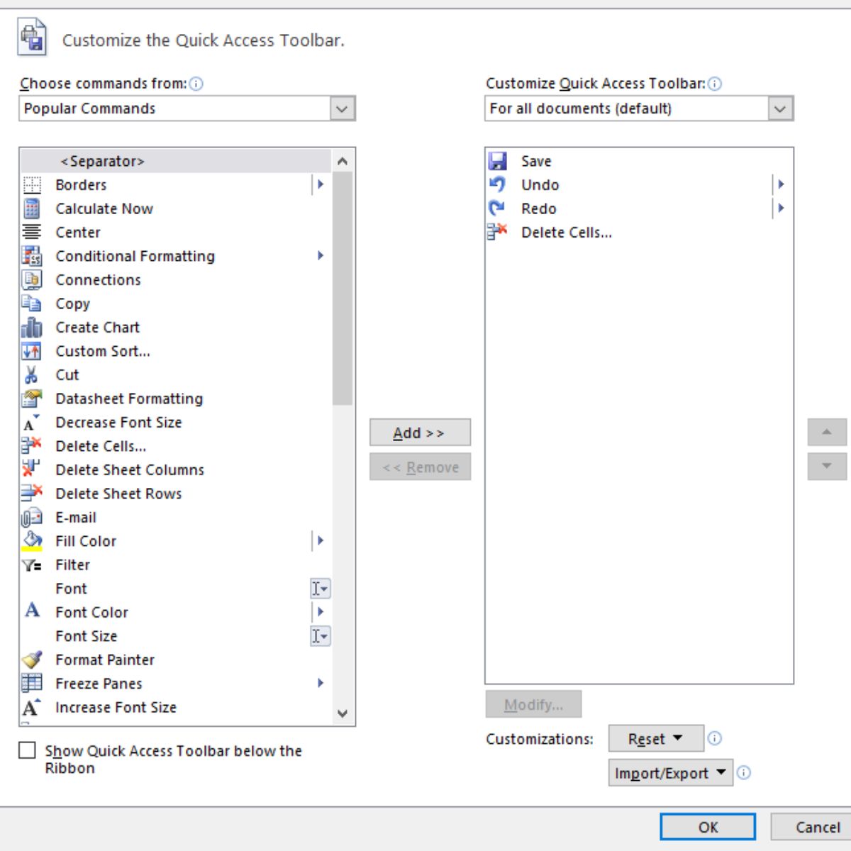 Removing Delete Cells From Quick Access Toolbar