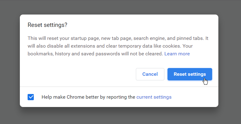 Resetting Chrome settings