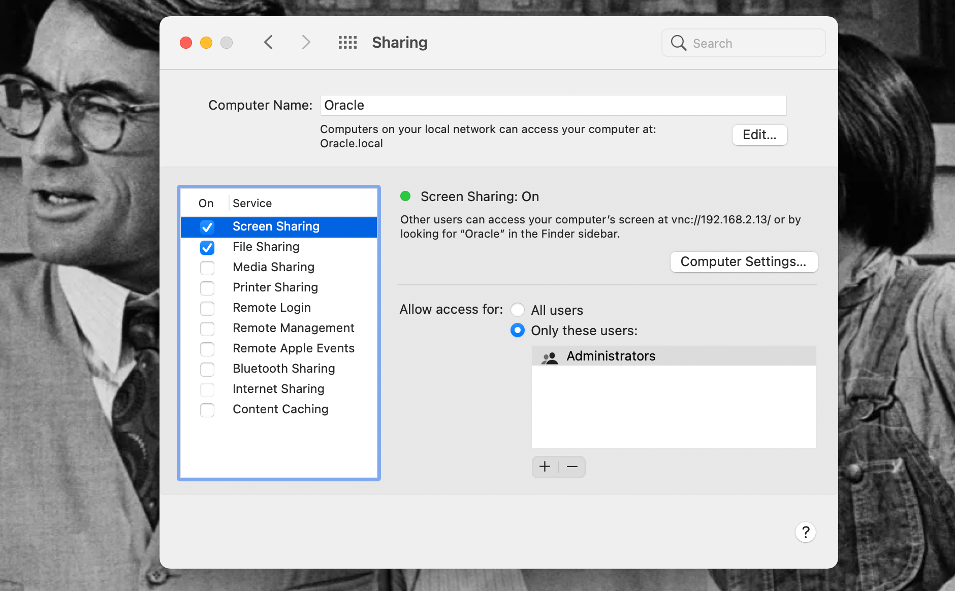 Screen Sharing settings open in System Preferences on a MacBook Pro