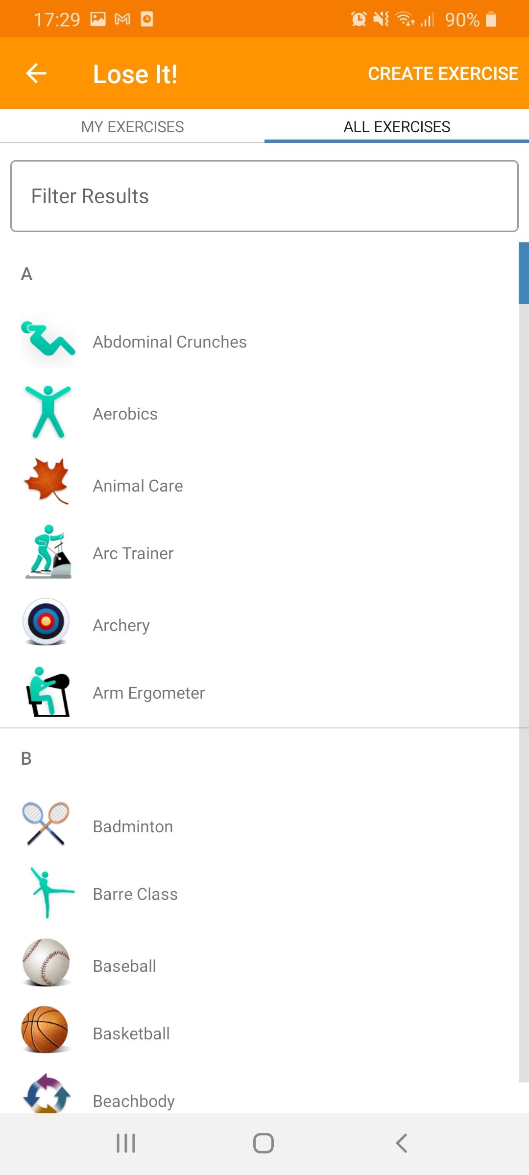 Lose It! App add exercise screen