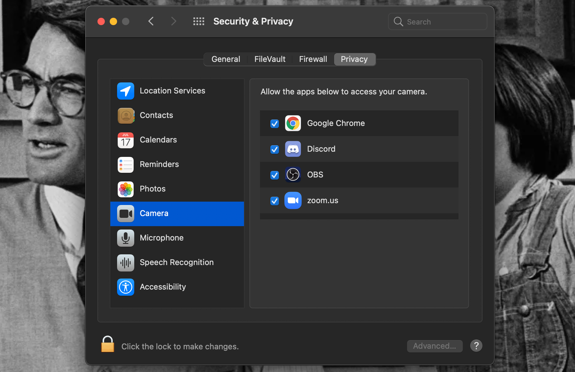 The Camera Privacy settings window is open within the Security & Privacy section of System Preferences on a MacBook Pro