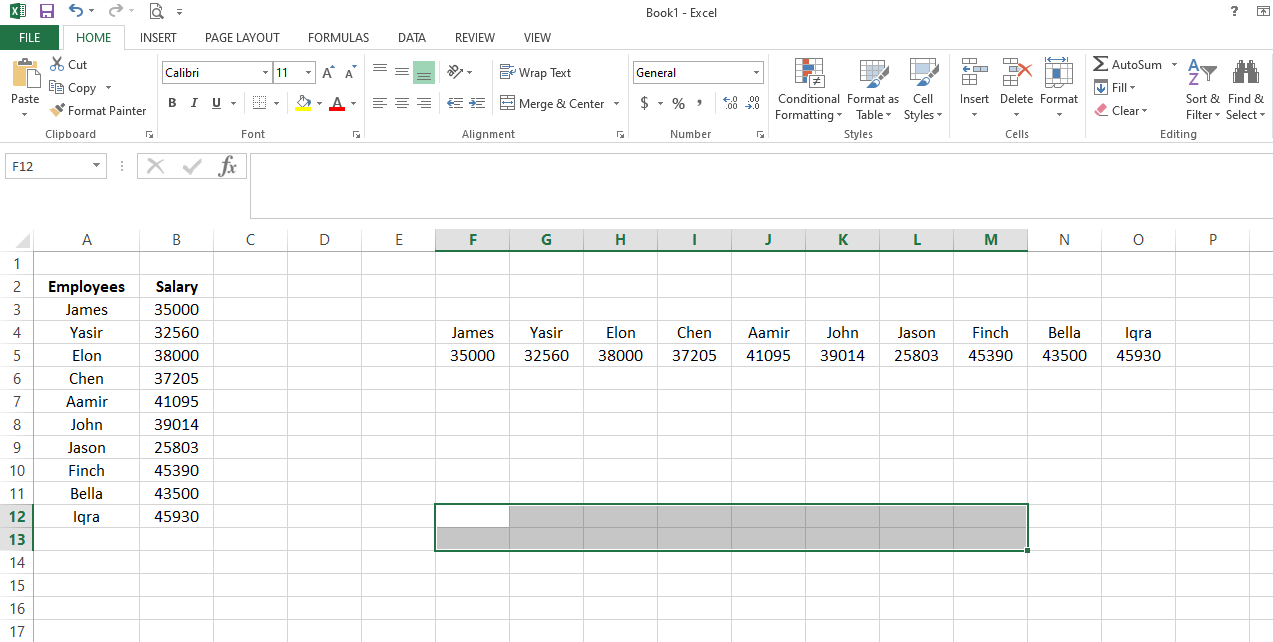 Selecting The Cells Range - 3 modi per trasporre i dati orizzontalmente in Excel