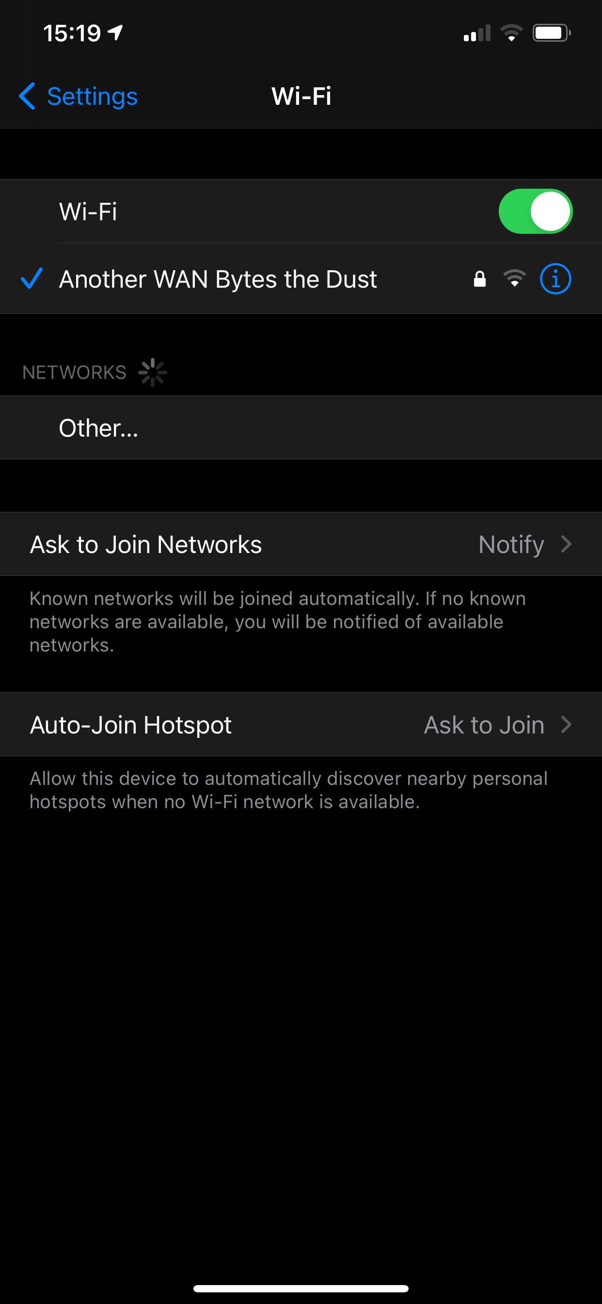 Screenshot showing how to change networks from the Settings app on iPhone