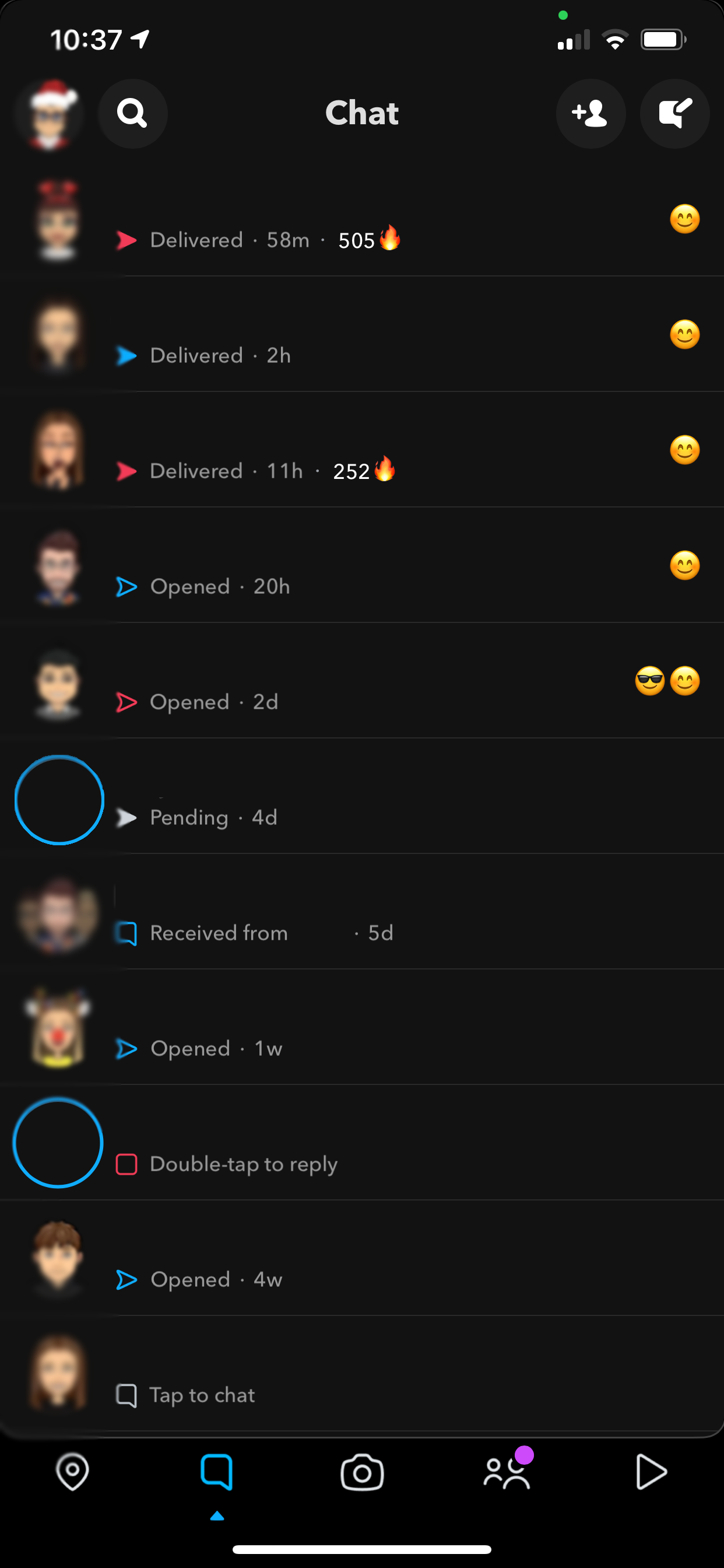 Screenshot of the Snapchat conversations tab in dark mode